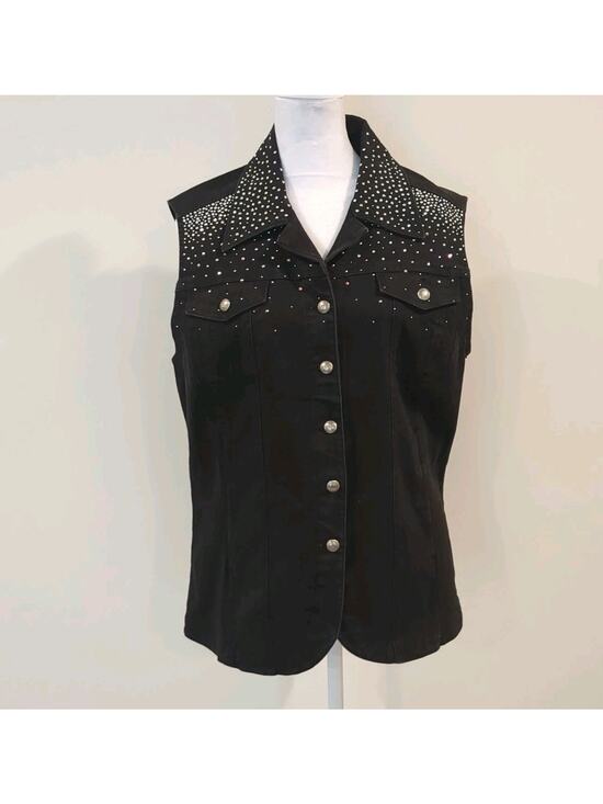 Christine Alexander Jackets & Blazers - Christine Alexander Black Denim Bling Vest Crystal Rhinestones Studs Large